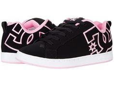 DC Court Graffik W - Women's Skate Shoes : Black/White/Pink : A modern classic, the DC Court Graffik W casual shoes deliver with a clean silhouette and bold logo detail. Casual sneakers with heavy-duty suede, sturdy action nubuck, or soft and resilient action leather upper for abrasion-resistance and durability. Foam-padded tongue and collar for added comfort and support. Textile lining offers breathability. Internal elastic tongue holders for added foot stability. Rubber cupsole with iconic pil Womens Dc Shoes, 2000s Dc Shoes, Cheap Shoes For School, Dc Shoes High Tops, Leather Skate Shoes With Logo And Round Toe, Leather Round Toe Skate Shoes With Logo, Sporty Pink Sneakers With Embossed Logo, Sporty Low-top Skate Shoes With Logo, Pink Sneakers With Embossed Logo For Streetwear