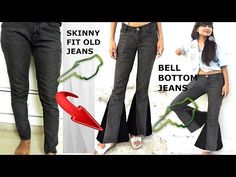 an advertisement for bell bottom jeans with two women standing next to each other and the same woman in white shirt