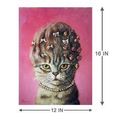 a painting of a cat with flowers in her hair on a pink background is shown