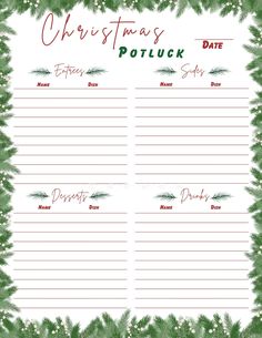 a christmas potluck to do list with pine branches and holly wreaths on it