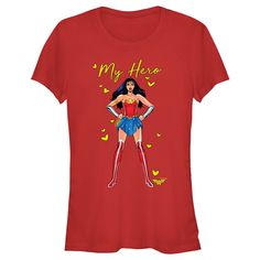 a women's red t - shirt with an image of wonder woman