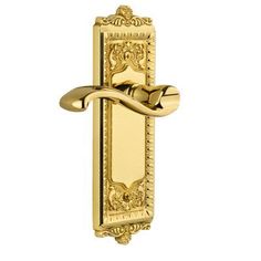 an ornate brass door handle on a white background