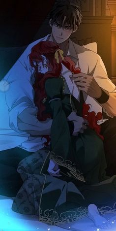 two anime characters sitting on a bed in the dark, one with red hair and another with blue eyes