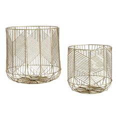 two gold wire baskets sitting next to each other