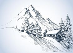 a sketch of a cabin in the mountains with trees and snow on it's roof