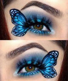 blue butterfly eye makeup looks like it has been painted to look like a woman's face