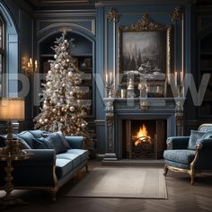 a living room decorated for christmas with blue furniture and a lit tree in the corner