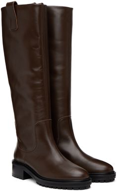 Knee-high buffed calfskin boots in brown. · Pull-loops at collar · Grained lambskin and suede lining · Stacked leather block heel with rubber injection · Treaded leather sole with rubber injection · Heel: H1.5 in Supplier color: Moka Classic Brown Calf Leather Mid-calf Boots, Calf Leather Boots With Suede Lining For Work, Classic Brown Mid-calf Calf Leather Boots, Workwear Calf Leather Boots With Suede Lining, Brown Calf Leather Heeled Boots For Work, Logo Shoes, Leather Knee Boots, Rounded Toe Boots, Leather Block Heels