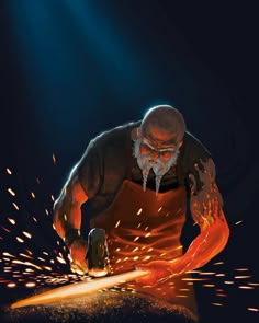 an old man is working with sparks in the dark