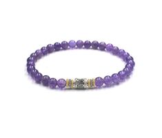 This bracelet features 6mm amethyst beads accented with a handmade 6mm x 9mm sterling silver bead and sterling silver  and 22 karat gold plated sterling silver Bali Bead and ring spacers. We use silicon stretch cord for superior strength. Your bracelet comes in a canvas pouch. Select your wrist measurement from the drop down menu. We will make your bracelet to fit. Please measure your wrist is you are unsure of the size. Returns are only accepted on customized items if the order is defective or 8mm Amethyst Beaded Bracelets For Meditation, Amethyst Beaded Bracelets With 8mm Beads For Meditation, Amethyst 8mm Beads Bracelet For Meditation, Spiritual Amethyst Bracelets With 8mm Beads, Purple Spiritual Bracelet With Spacer Beads, Spiritual Amethyst Bracelets With Polished Beads, Ring Spacer, Garnet Stone, Mens Beaded Bracelets