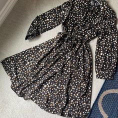 Brand New; Never Worn; Black Patterned Knee Length Dress With Tie Flowy Black Dress For Fall, Black Dress For Brunch In Fall, Black Dress For Fall Brunch, Black Midi Dress For Fall Day Out, Cupshe Dress, Dress With Tie, Asymmetrical Dress, Black Pattern, Knee Length Dress