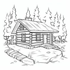 a log cabin in the woods with trees and rocks on the ground, coloring page