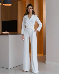 Perfect Your Professional Style Formal White Jumpsuit, Black Long Sleeve Jumpsuit Outfit, Jumpsuit For Graduation, Graduation Outfit Ideas White, Formal Jumpsuits For Women Classy, White Jumpsuit Outfit, Long Sleeve Jumpsuit Outfit, Corporate Outfits For Women, White Jumpsuit Formal