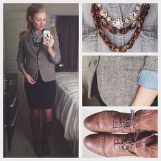 Grey wool blazer, button up chambray, layered necklaces, black pencil skirt, well-worn boots  cc: Karla Reed Karla Reed, Grey Wool Blazer, Country Attire, Street Style Fall Outfits, Teaching Outfits, Casual Work Wear, Pregnancy Looks, Wardrobe Stylist