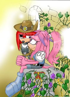 an image of a cartoon character kissing someones face with flowers and vines in the background