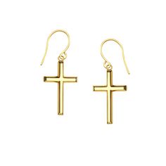 14K Yellow Gold Shiny Cross Drop Earrings fine designer jewelry for men and women Silver Threader Earrings, Stamped Earrings, Diamond Bar Necklace, Bar Pendant Necklace, Small Charms, French Wire, Cross Earrings, Silver Bars, Flower Earrings Studs