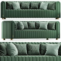 three green couches with pillows on them and one in the middle, both facing different directions