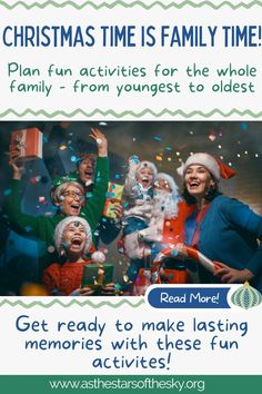 an advertisement for the christmas time family time program with kids and adults in santa hats