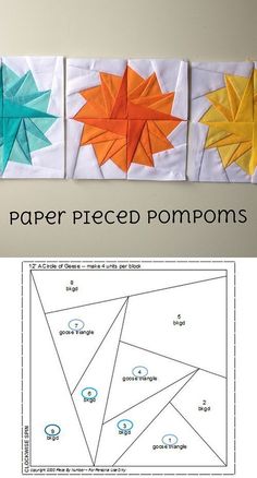 paper pieced pompoms are arranged on top of each other to make an origami star