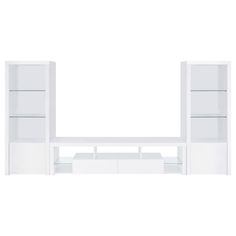 a white entertainment center with glass doors and shelves on each side, in front of a white background