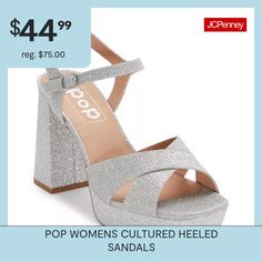 These Pop women's Cultured heeled sandals are a glam showstopping style for a special event. Featuring a gold-tone glitter base and strappy open-toe design, this pair has a high platform heel and an ankle strap closure. Wear them with a mini dress or skinny jeans and a satin cami.Features: GlitterClosure Type: BucklePlatform Shoe Height: 1 InchShoe Heel Height: 2 InchesUpper/Outer Base Material: 100% PolyesterShoe Lining Material: PolyurethaneSole Material Content: 60% Polyester, 40% Polyuretha… Toe Designs, Platform Heels, Open Toe, Ankle Strap, Sandals Heels, Heel Height, Sandals, Heels, How To Wear