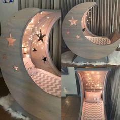 the bed is made out of wood and has stars on it