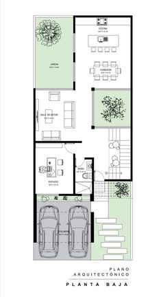 the floor plan for an apartment with two cars parked in front of it and a living area