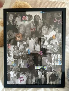 a black and white photo collage with many different people on it, including a teddy bear