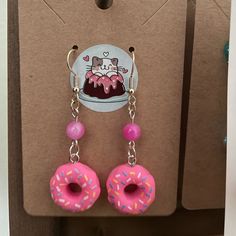 Never Worn. Natural Stone 6 Mm Bead, Fun Fashion Earrings Handmade Pink Earrings For Valentine's Day, Handmade Pink Round Bead Earrings, Handmade Pink Circle Earrings, Quirky Handmade Pink Earrings, Handmade Vibrant Pink Earrings, Donut Earrings, Donuts Earrings, Hobby Ideas, Clay Diy Projects