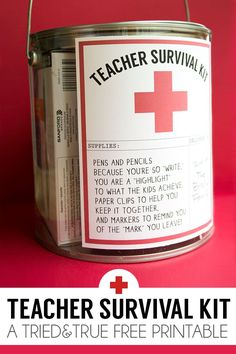 a teacher survival kit in a tin on a pink background with text overlay that reads teacher survival kit