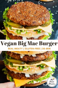 two burgers stacked on top of each other with the title vegan big mac burger