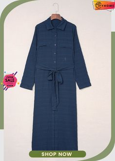 Blue Crinkle Textured Long Sleeve Shirt Dress with Belt Casual Long Sleeve Dress With Crinkle Texture, Casual Long Blue Shirt Dress, Casual Crinkle Texture Maxi Dress For Spring, Blue Casual Maxi Length Shirt Dress, Blue Casual Maxi Shirt Dress, Blue Long Sleeve Maxi Dress With Pockets, Blue Workwear Maxi Dress With Pockets, Blue Maxi Dress With Pockets For Work, Blue Button-up Maxi Dress For Work