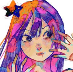 a drawing of a girl with pink hair and blue eyes holding her hand up to her face