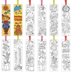 four bookmarks with cartoon characters on them, one has an umbrella and the other has flowers