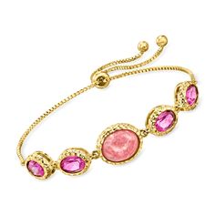 Ross-Simons - Pink Rhodochrosite, 6.25ct t. w. Pink Topaz Bolo Bracelet in 18kt Yellow Gold Over. Perfect for evoking a feminine vibe, this bright bolo bracelet presents 12x10mm pink rhodochrosite oval cabochons and 6.25 ct. t. w. pink topaz ovals. Finely crafted in hammered and polished 18kt yellow gold over sterling silver. Graduates from 3/8" to 1/2" wide. Box chain. Adjusts to fit most wrists. Pink rhodochrosite and pink topaz bolo bracelet. Pink Rhodochrosite, Bolo Bracelet, Pink Topaz, Box Chain, Topaz, Jewelry Bracelets, Fine Jewelry, Yellow Gold, Bracelet