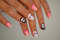 Scream Nails Pink And Black, Neon Halloween Nails Short, Halloween Characters Nails, Pink And Black Halloween Nails Short, Pink Scream Nails Short, Neon Pink Halloween Nails, Halloween Kid Nails, Ghostface Nails Pink, Light Pink Halloween Nails