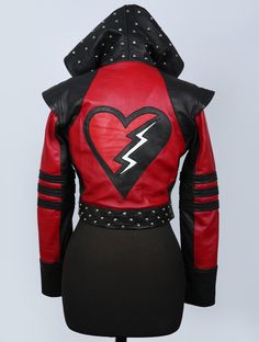 a red and black leather jacket with lightning bolt on the back