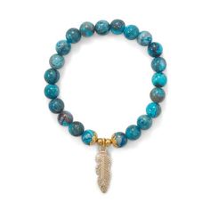 Stretch bracelet with 8mm turquoise dyed agate beads. Featuring a gold tone feather charm. Stretch Beaded Bracelets, Secret Bracelet, Metal Feather, Dyed Agate, Bracelet Bar, Turquoise Bracelets, Bolo Ties, Stone Bracelets, Lava Beads