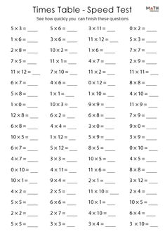 times table worksheet for students to practice addition skills and subtractions