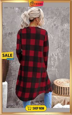 Red Plaid Print Long Cardigan Casual Red Winter Cardigan, Red Long Sleeve Cardigan For Winter, Long Sleeve Red Cardigan For Winter, Winter Plaid V-neck Cardigan, V-neck Plaid Outerwear For Winter, Red V-neck Casual Cardigan, Plaid V-neck Cardigan For Fall, Red V-neck Casual Outerwear, Plaid V-neck Outerwear For Fall