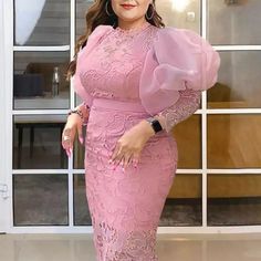 Chic Women Midi Dresses Bodycon Flora Lace Puffy Long Sleeve Cotton And Polyester Party Dress. Lace Dresses For Women, Puffy Sleeve Dress, Plus Size Lace Dress, Prom Dresses Gowns, Vintage Prom, Lace Pink Dress, Prom Dresses Vintage, Ladies Gown, White Dresses For Women