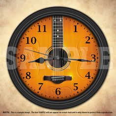 an image of a clock with the guitar on it's face in black and orange