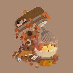 an illustration of a mixer with pumpkins and other items surrounding it on a brown background