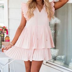 New Size S By Entro Classy Blush Pink Ruffle Sleeve Pleated Dress Lined Underneath Feminine Pleated Mini Dress For Day Out, Feminine Pleated Mini Dress For Spring, Spring Mini Length Pleated Ruffle Dress, Spring Ruffle Dress With Short Sleeves For Date Night, Spring Short Sleeve Ruffle Dress For Date Night, Spring Ruffle Dress For Date Night, Feminine Spring Ruffle Dress For Date Night, Casual Spring Ruffle Dress For Date Night, Spring Pleated Tiered Ruffle Dress