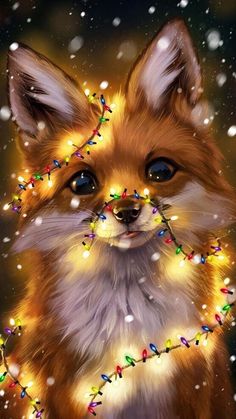 a painting of a fox with christmas lights around it's neck and eyes, looking at the camera