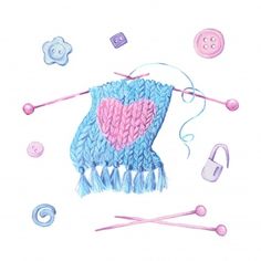 a drawing of a blue knitted bag with pink heart on it and knitting needles