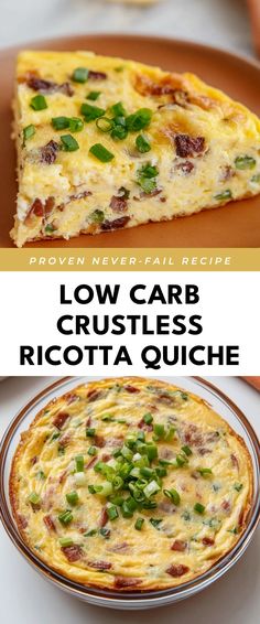 Image for Low Carb Crustless Ricotta Quiche Ww Crustless Quiche, Ricotta Frittata Recipes, Easy Breakfast Quiche Crustless, Ricotta Egg Bake, Egg And Ricotta Recipes, No Carb Quiche, Recipes Using Ricotta Cheese Healthy, Ricotta Quiche Crustless, Healthy Crustless Quiche Recipes