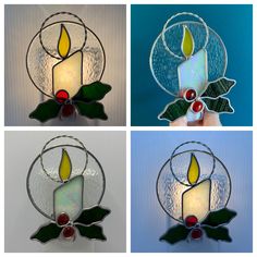 four different stained glass pieces with candles in them