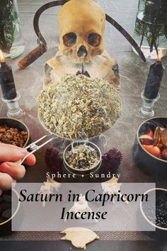 Saturn in Capricorn herbal mix, largely comprised of various roots, beans, and fermented, dried, and aged ingredients — such as stone root, comfrey root, thyme, hemp seed, elder berries, black eyed peas, pu’erh tea, onyx, and fossilized dinosaur bone, ritually combined and fumigated using frankincense and myrrh during a strong Saturn in Capricorn election, made less malefic overall by the presence of Jupiter. Saturn In Capricorn, Honey Jar Spell, Frankincense And Myrrh, Jar Spells, Pu Erh, Pu Erh Tea, Dinosaur Bones