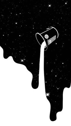 a black and white drawing of a bucket pouring out liquid into the sky with stars in the background